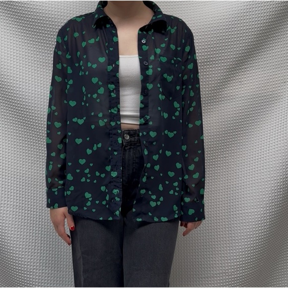 Banana Republic Black Sheer Blouse with Green Heart Pattern - Picture 3 of 6